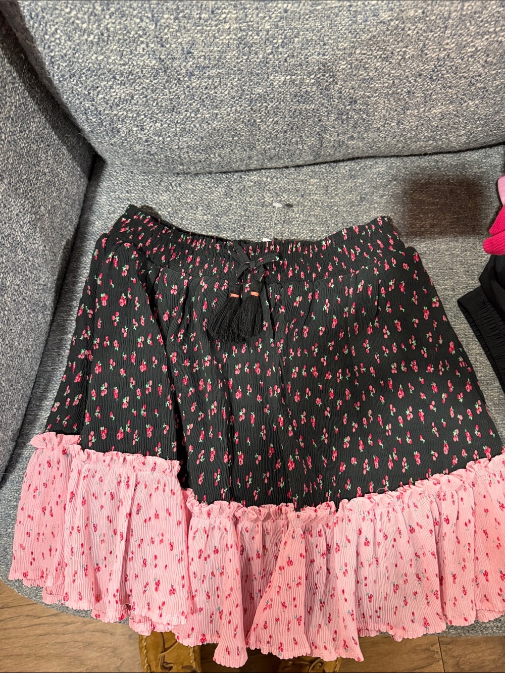 kidpik Black Skirt with Pink Floral Print and Pink Ruffle